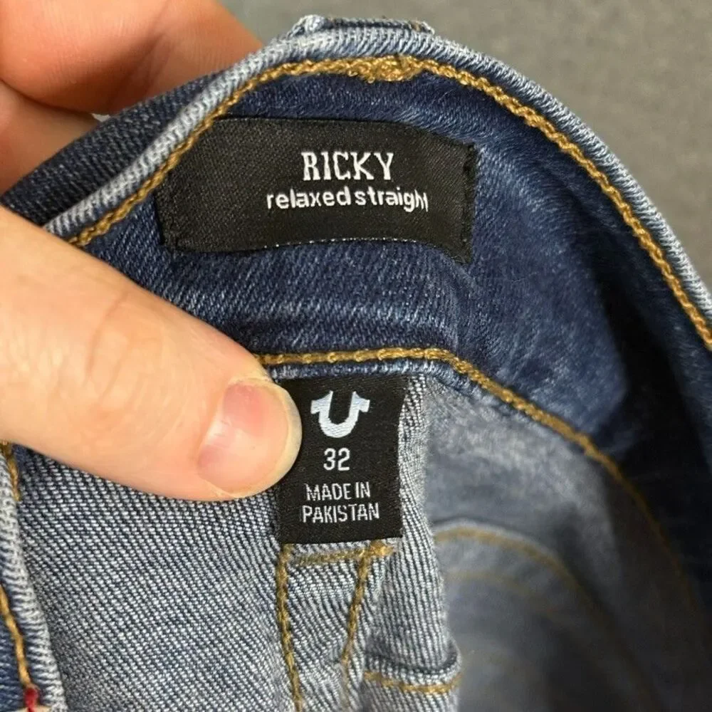 True Religion Jeans Mens 32x34 Blue Ricky Relaxed Straight Fit Dark Wash Denim
